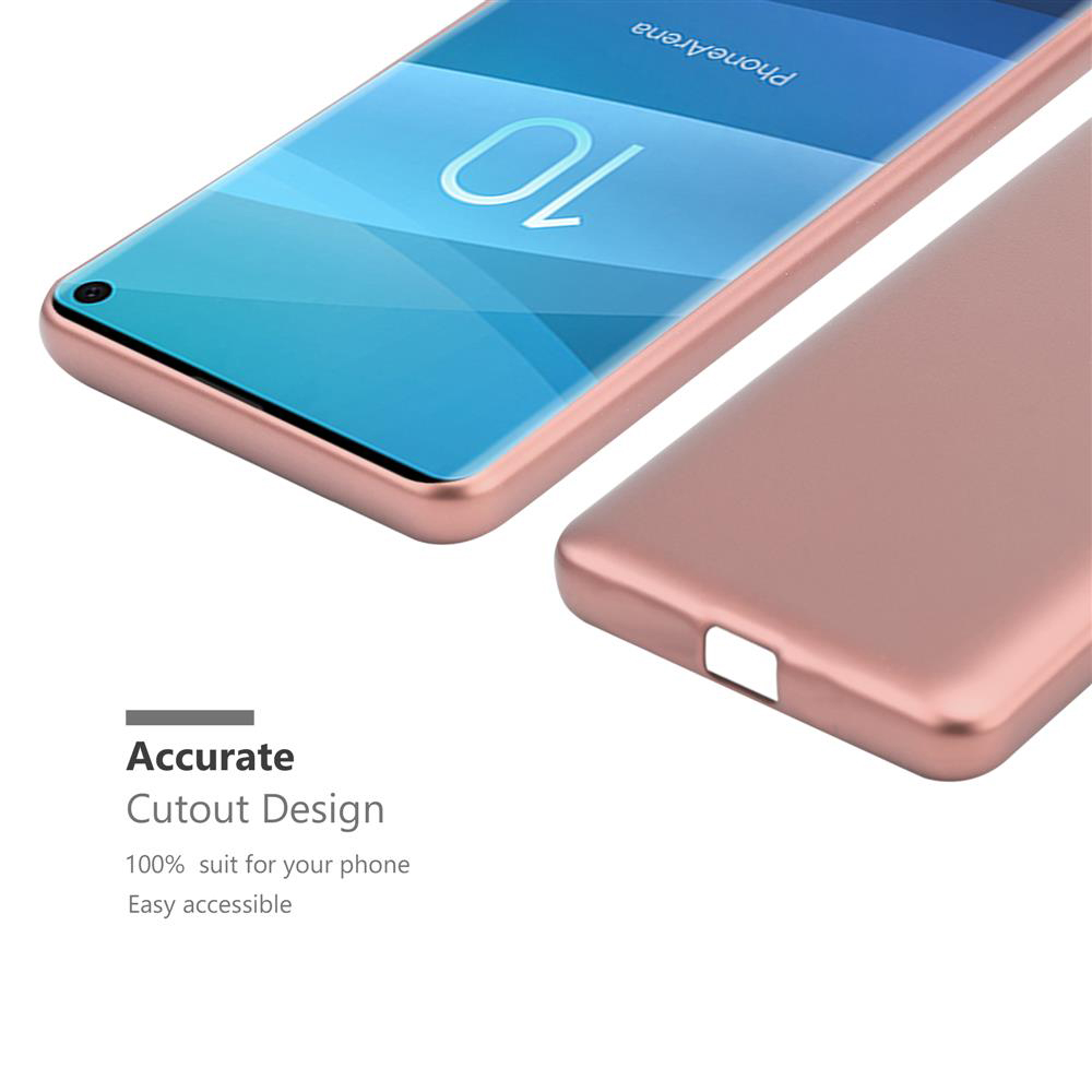 Telefono oro rosa in una custodia. Testo: Design preciso, Facile accesso, 100% adatto al tuo telefono.