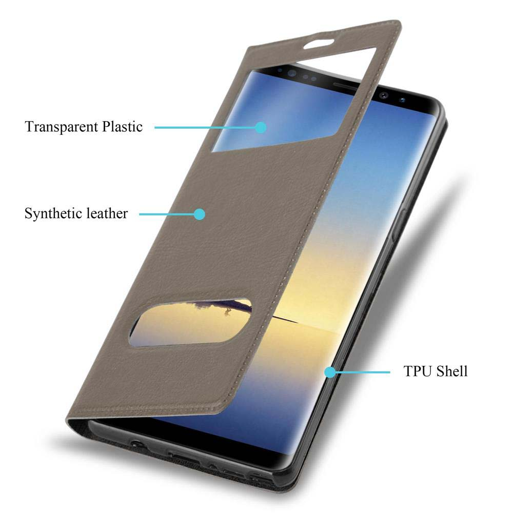 Custodia per telefono con finestra aperta, con etichette che indicano plastica trasparente e pelle sintetica.