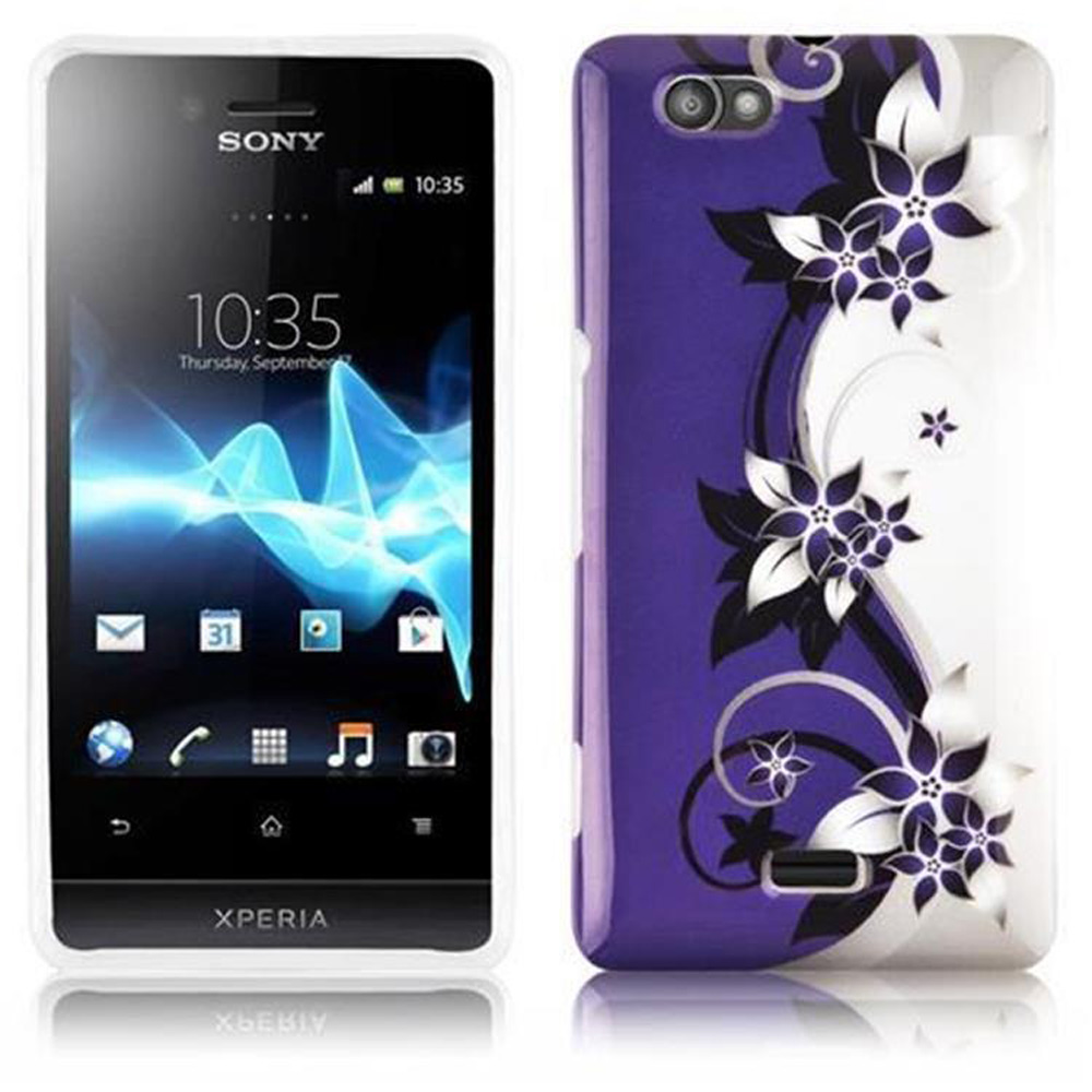 Smartphone mit Blumenmuster auf der Rückseite und weißem Rahmen. Der Bildschirm ist an.