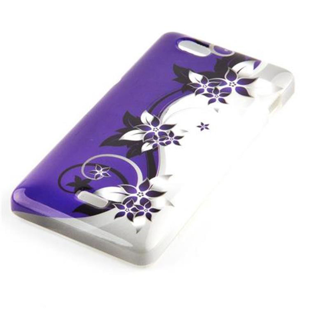 Lila und weiße Handyhülle mit floralem Design. Zeigt die Optik der Hülle.