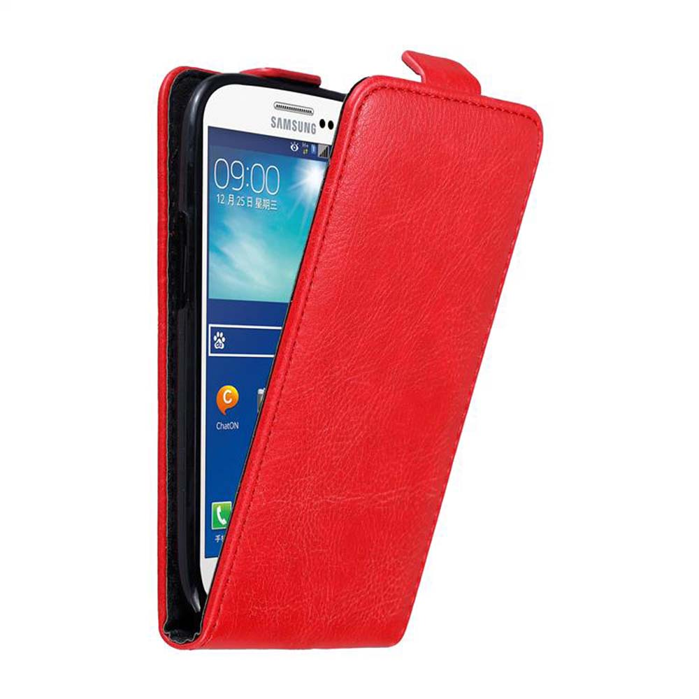 Rote Handyhülle. Telefon ist drin, zeigt Zeit und App. Hülle ist offen, mit Samsung-Logo.