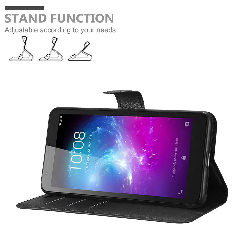 Telefon in schwarzer Hülle, offen. Text lautet: STANDFUNKTION.