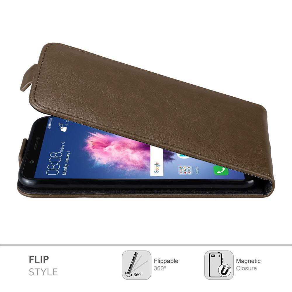 Custodia a flip marrone, telefono all'interno. Testo: Flip Style, Flippable, Chiusura Magnetica.