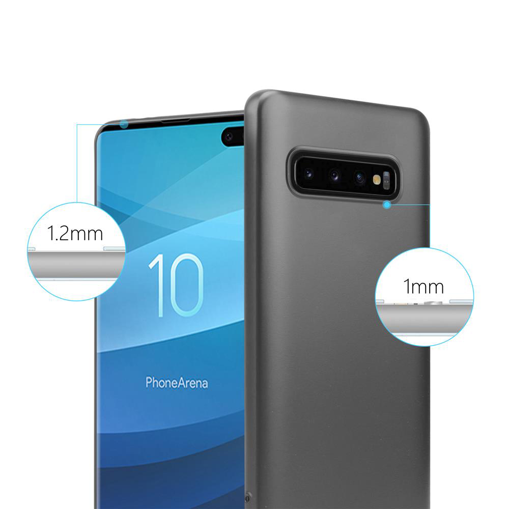 Un telefono accanto a una custodia. Il telefono è grigio, la custodia è grigia. La custodia ha uno spessore di 1 mm e 1,2 mm.