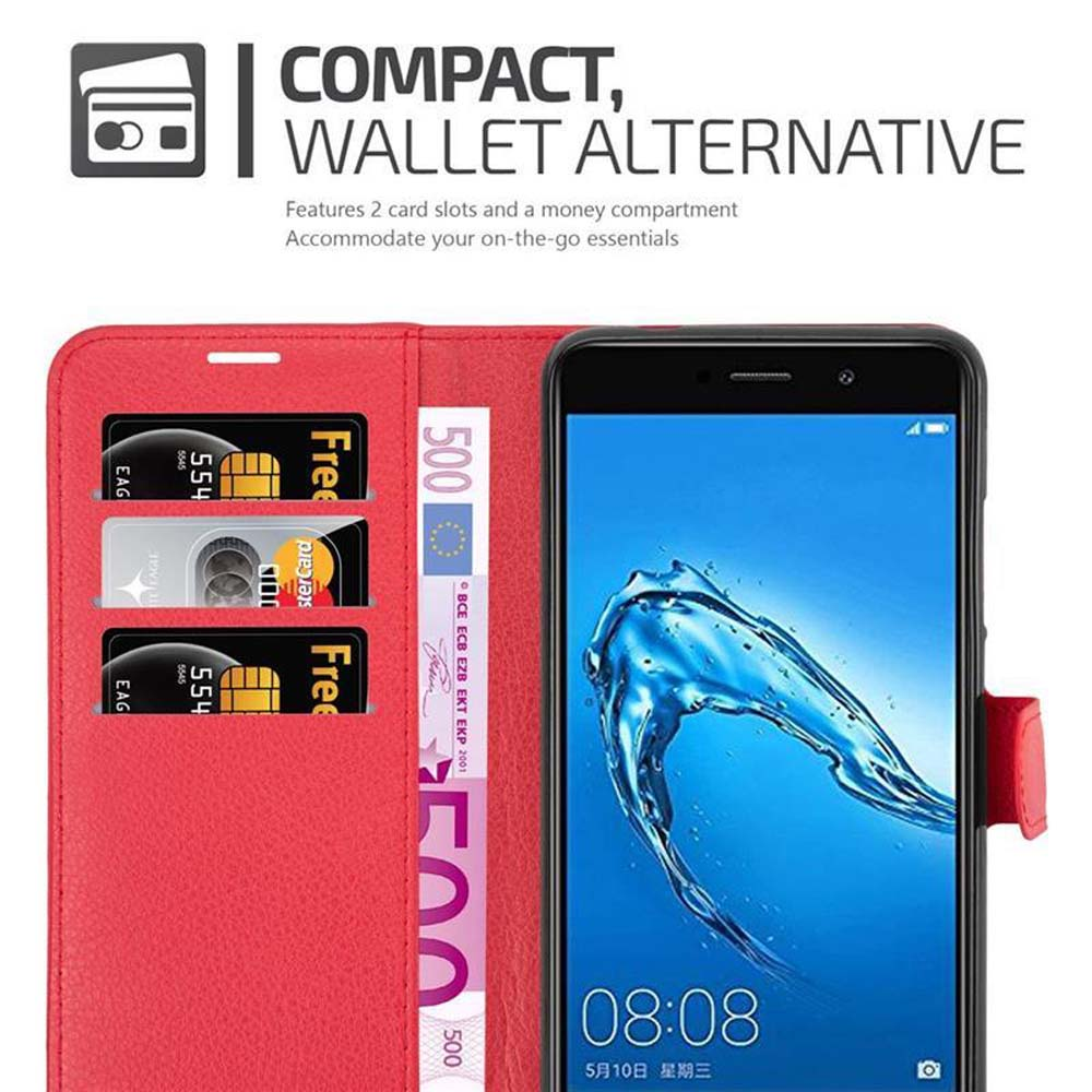 Custodia a portafoglio rossa con carte di credito e denaro. Schermo del telefono visibile. Testo: alternativa al portafoglio compatto.