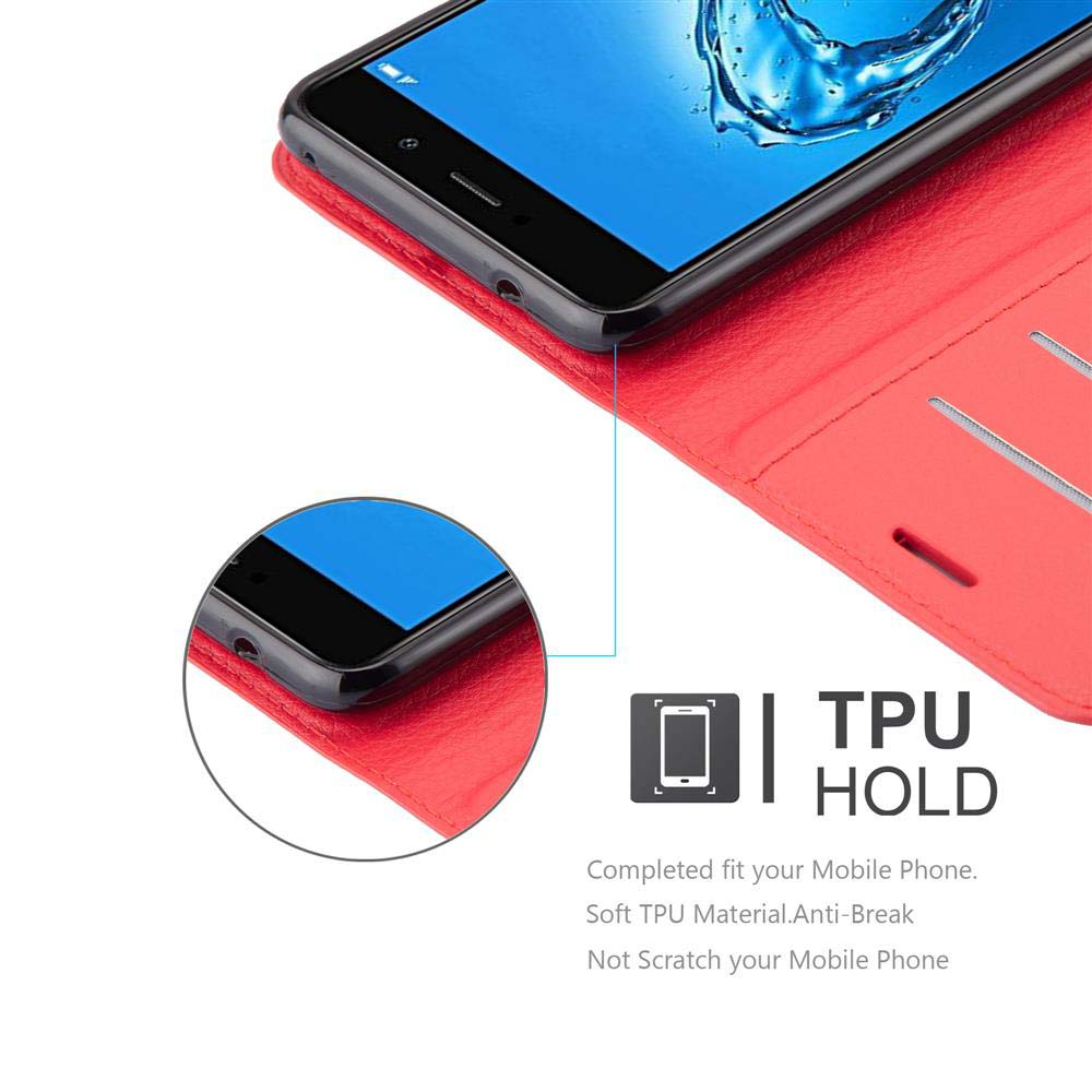 Custodia rossa aperta, mostrando il telefono. Primo piano del telefono in custodia TPU.