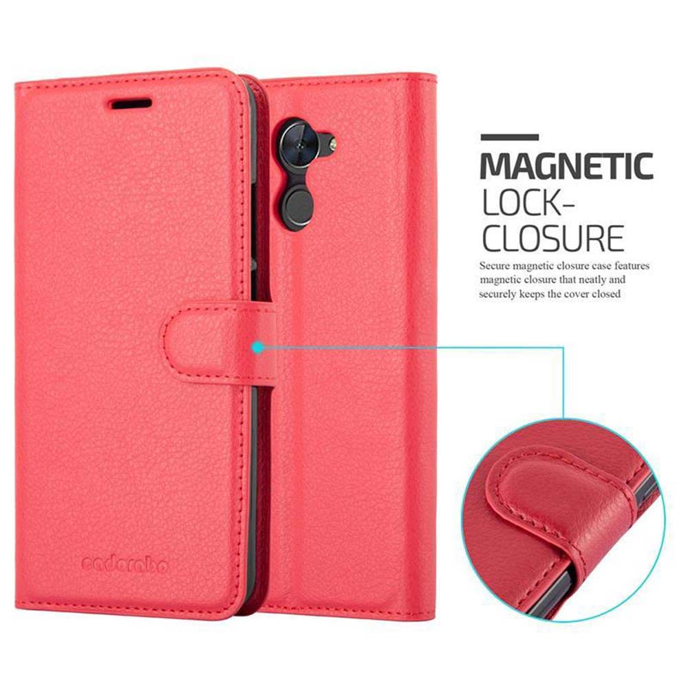 Custodia per telefono in pelle rossa con chiusura magnetica. La custodia è chiusa.