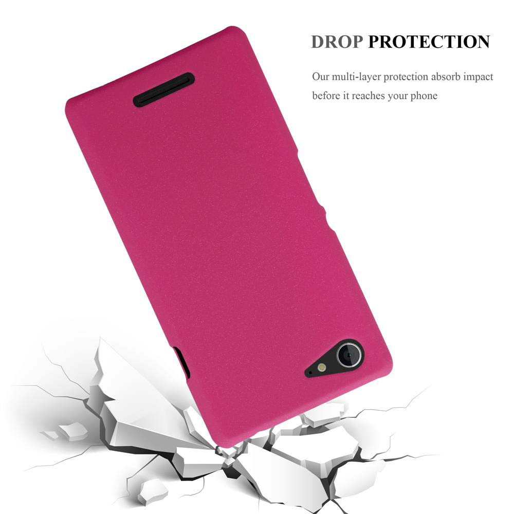 Eine pinkfarbene Handyhülle, abgewinkelt, zerbrochener Boden darunter. Text: 'DROP PROTECTION'. Schutzdesign.