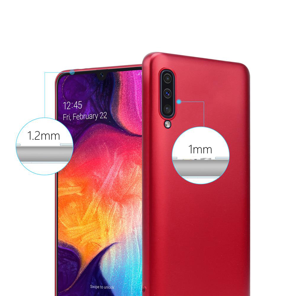 Ein rotes Telefon und ein Gehäuse. Der Bildschirm zeigt die Uhrzeit. Text sagt, 1,2 mm und 1 mm, zeigt die Dicke.