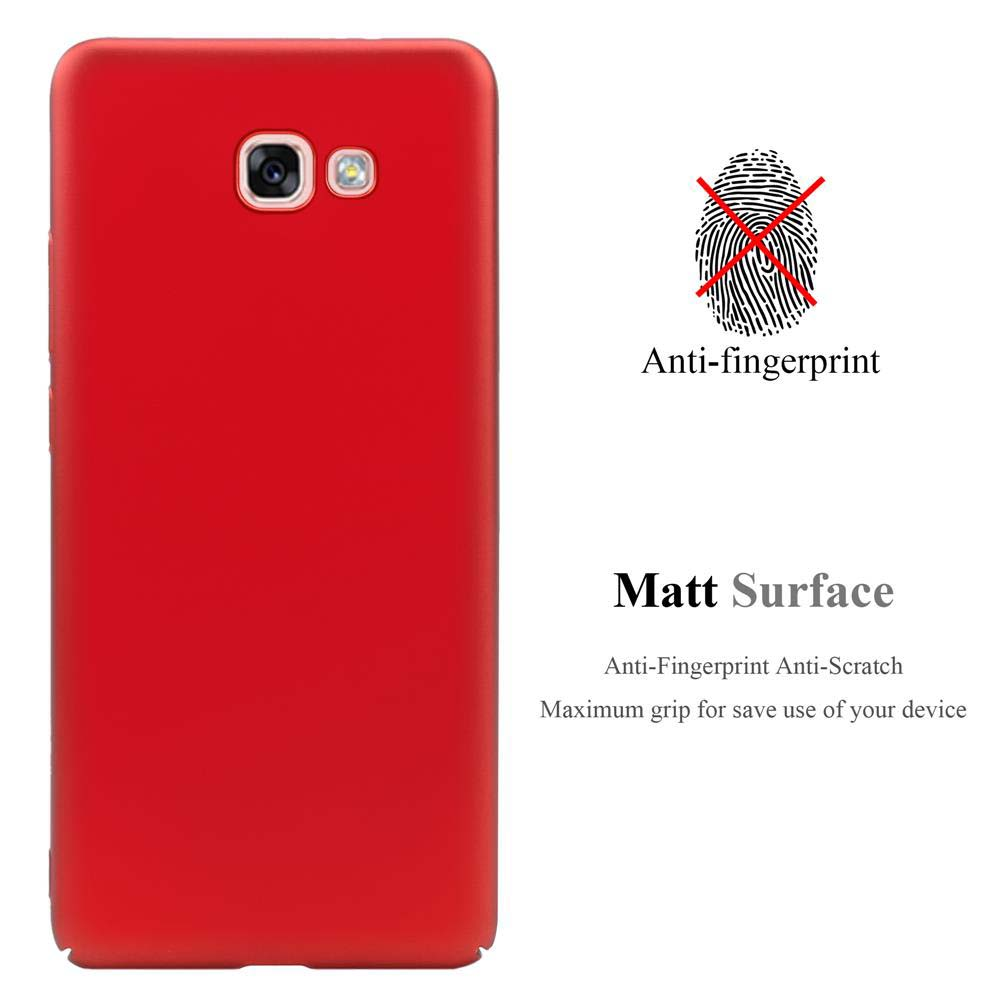 Rote Handyhülle mit Kamera. Der Text lautet 'Anti-Fingerprint' und 'Matt Surface'.