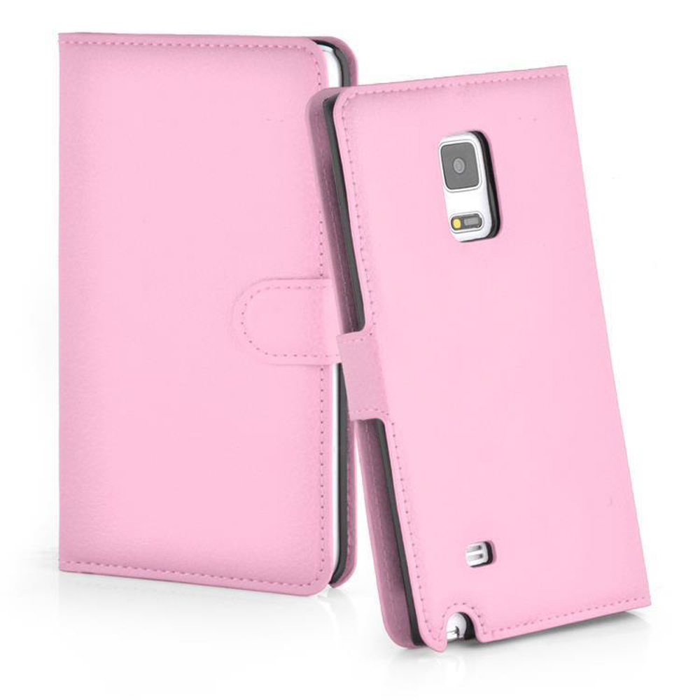 Custodia per telefono in pelle rosa, aperta e chiusa, che mostra il telefono all'interno e i ritagli dei pulsanti.