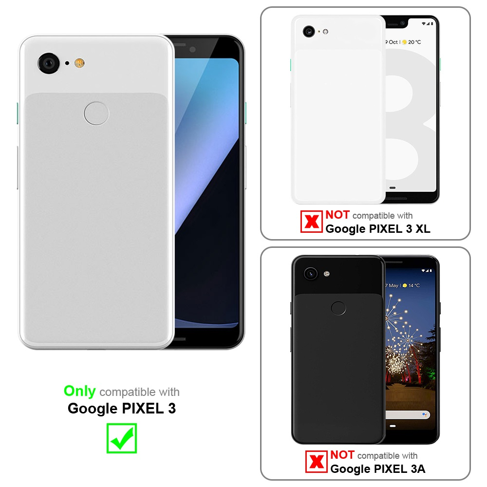Custodie per telefono, bianca e nera, affiancate. Testo: Solo compatibile con Google Pixel 3. Non per 3 XL o 3A.