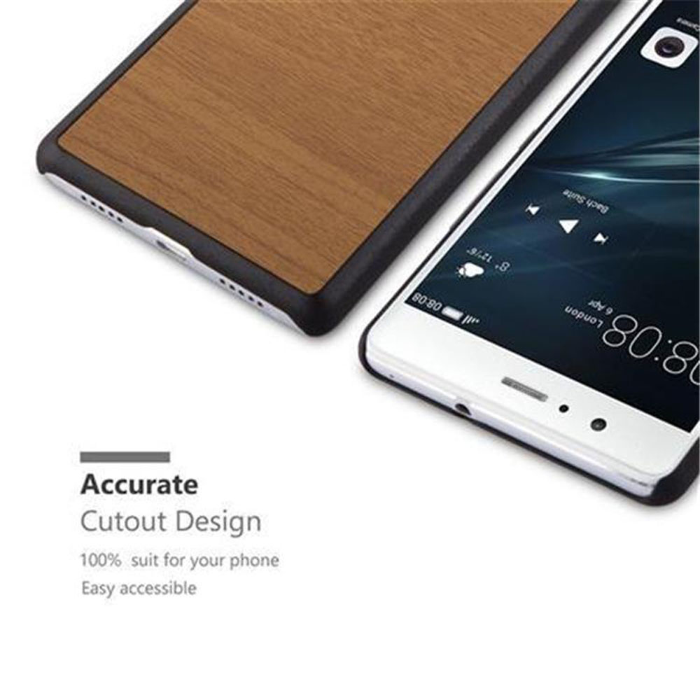 Un telefono con retro in legno e un altro con il telefono davanti. Il testo dice Accurate Cutout Design.