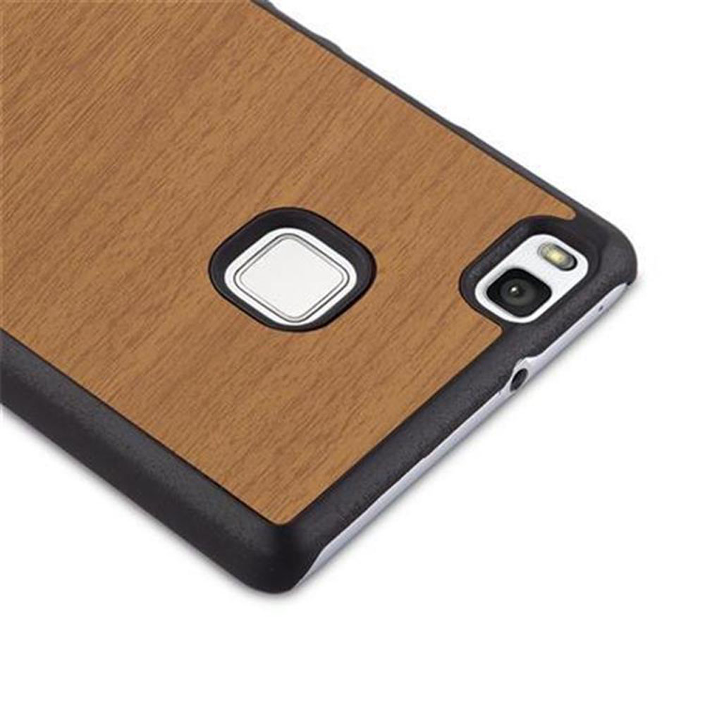 Custodia per telefono in legno marrone con bordo nero e dettagli argento.