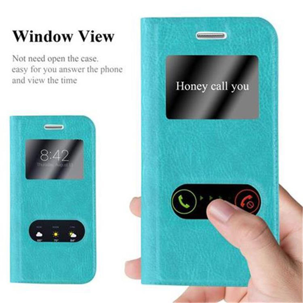 Custodia blu per telefono con finestra. Schermo del telefono e testo: Honey ti chiama.