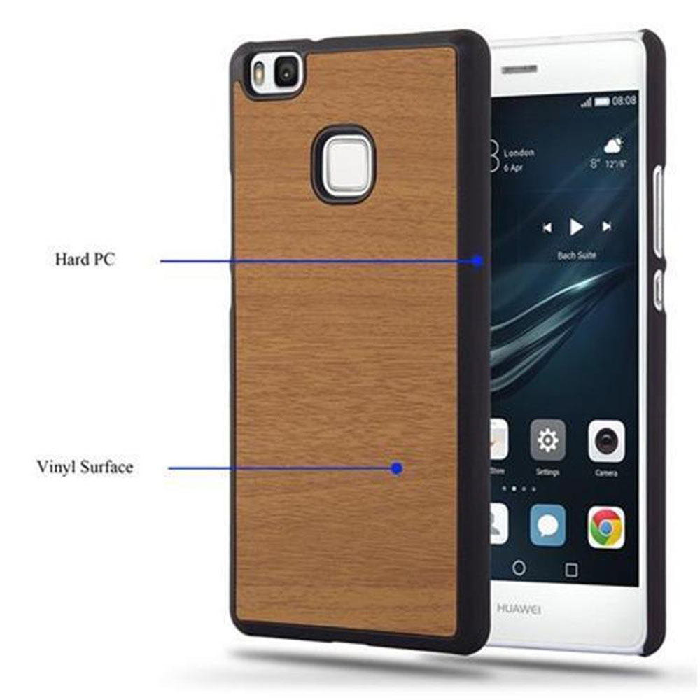 Telefono con custodia in legno marrone a sinistra, il testo recita Hard PC e Superficie in vinile.