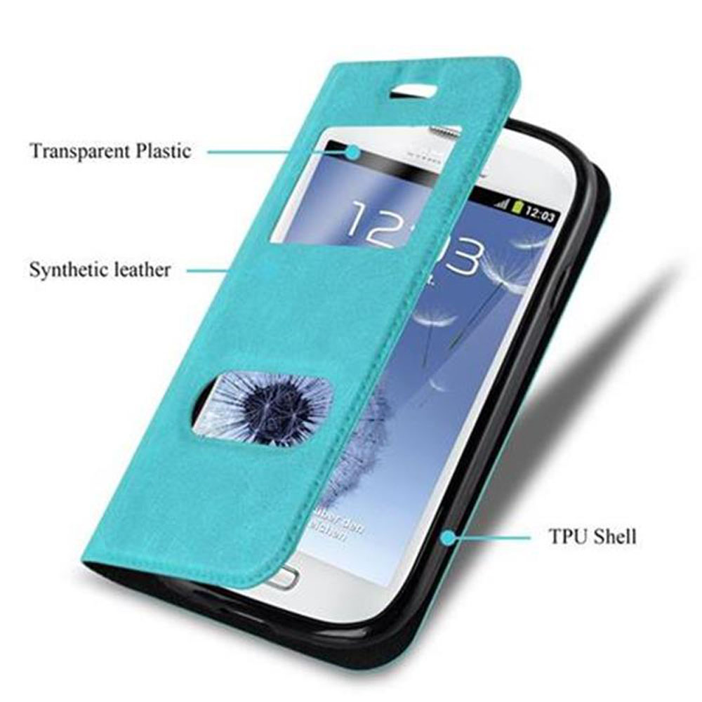 Un telefono in una custodia a libro blu, che mostra plastica trasparente, pelle sintetica e un guscio in TPU.