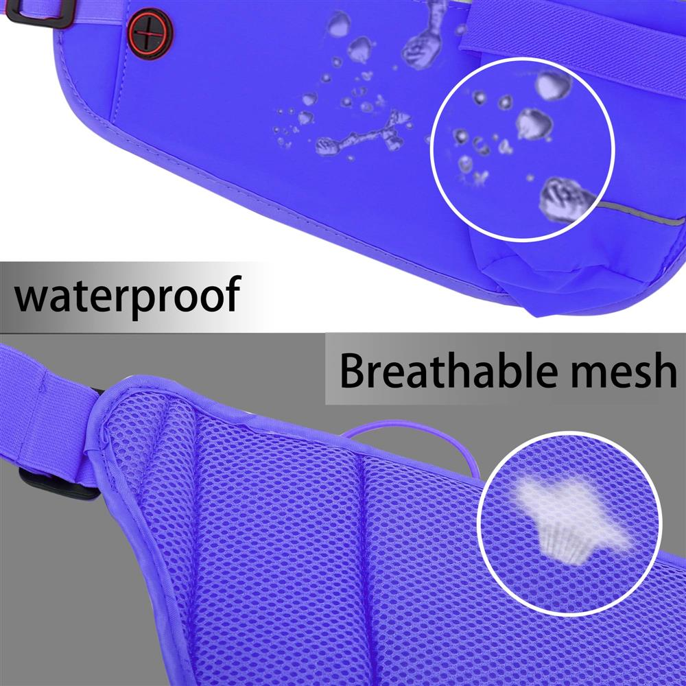 Una borsa blu impermeabile con testo e rete, e un cerchio.