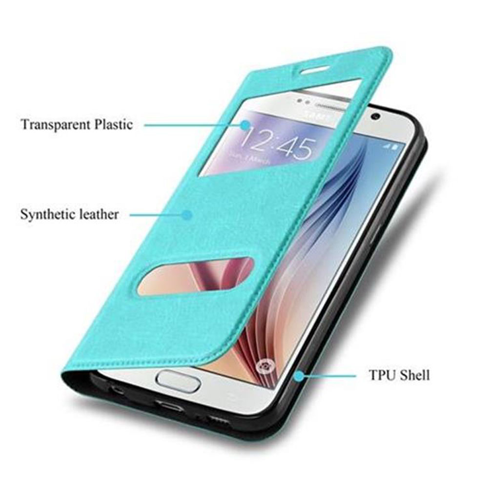 Custodia per telefono color teal, aperta, che rivela un telefono con uno schermo che mostra l'ora. Testo: Pelle sintetica, Guscio TPU.