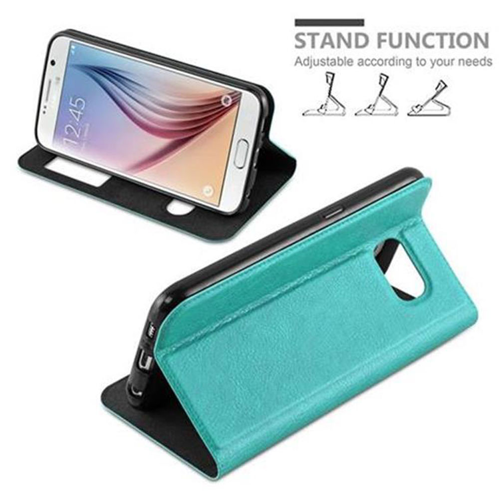 Telefono in custodia blu-verde. Testo: Funzione supporto regolabile. Sfondo bianco.