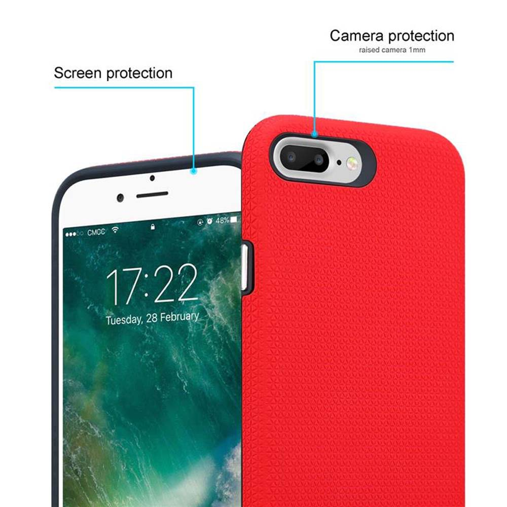 Rote Handyhülle mit einem Telefon darin. Zeigt Bildschirmschutz und Kameraschutz mit Beschriftungen.