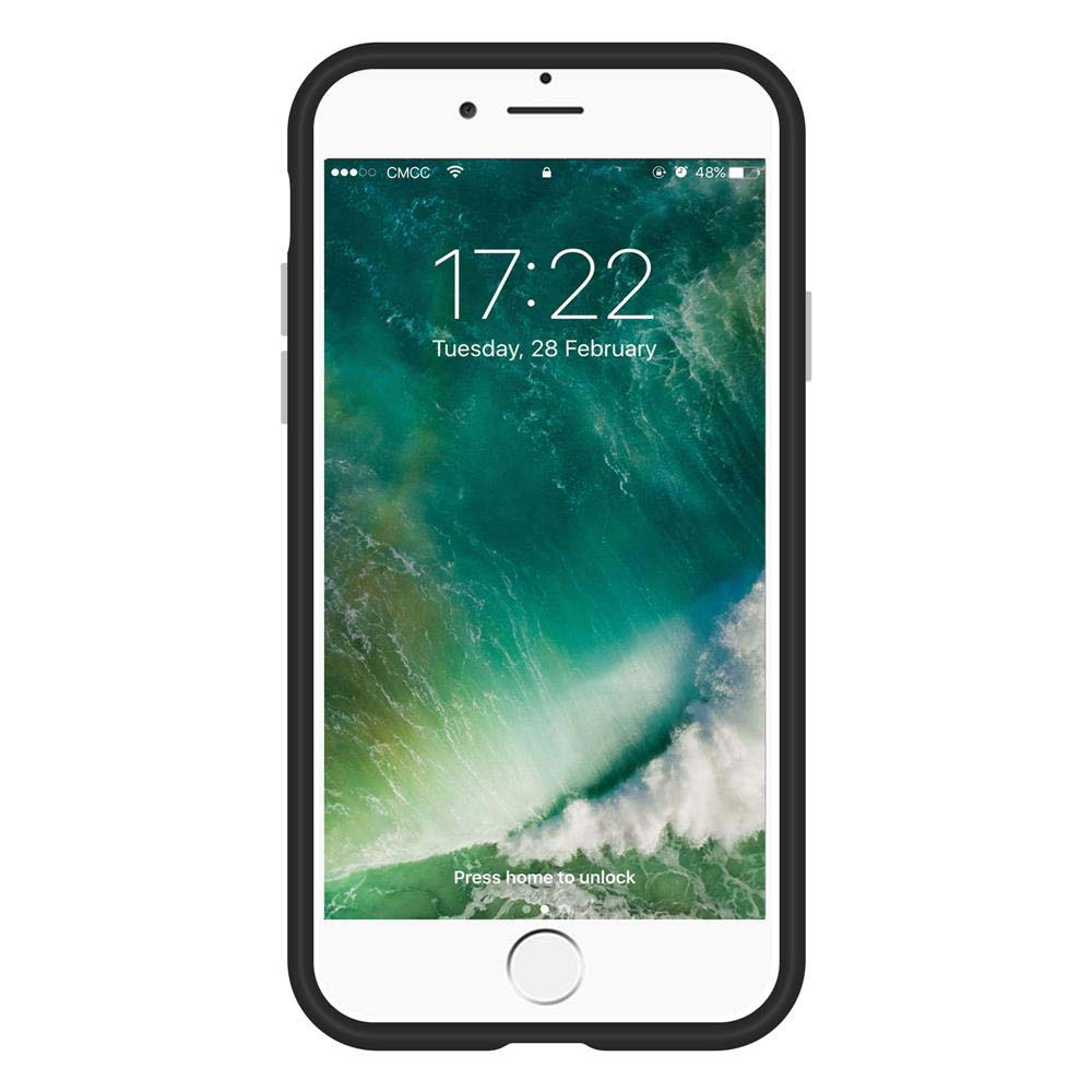 Ein Smartphone in einer schwarzen Hülle, Bildschirm zeigt Zeit und Akkustand an.