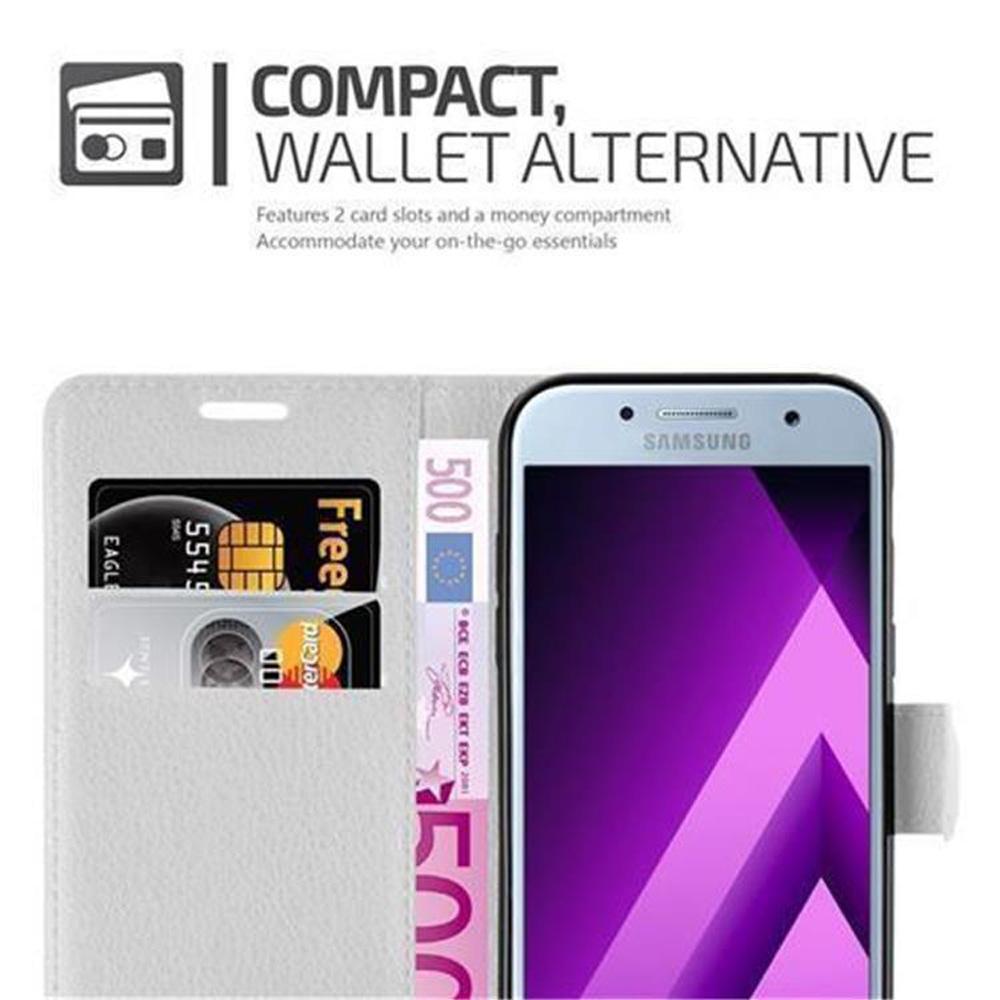 Weiße Handyhülle mit Karten und Geld. Das Telefon befindet sich rechts mit dem Text "SAMSUNG".