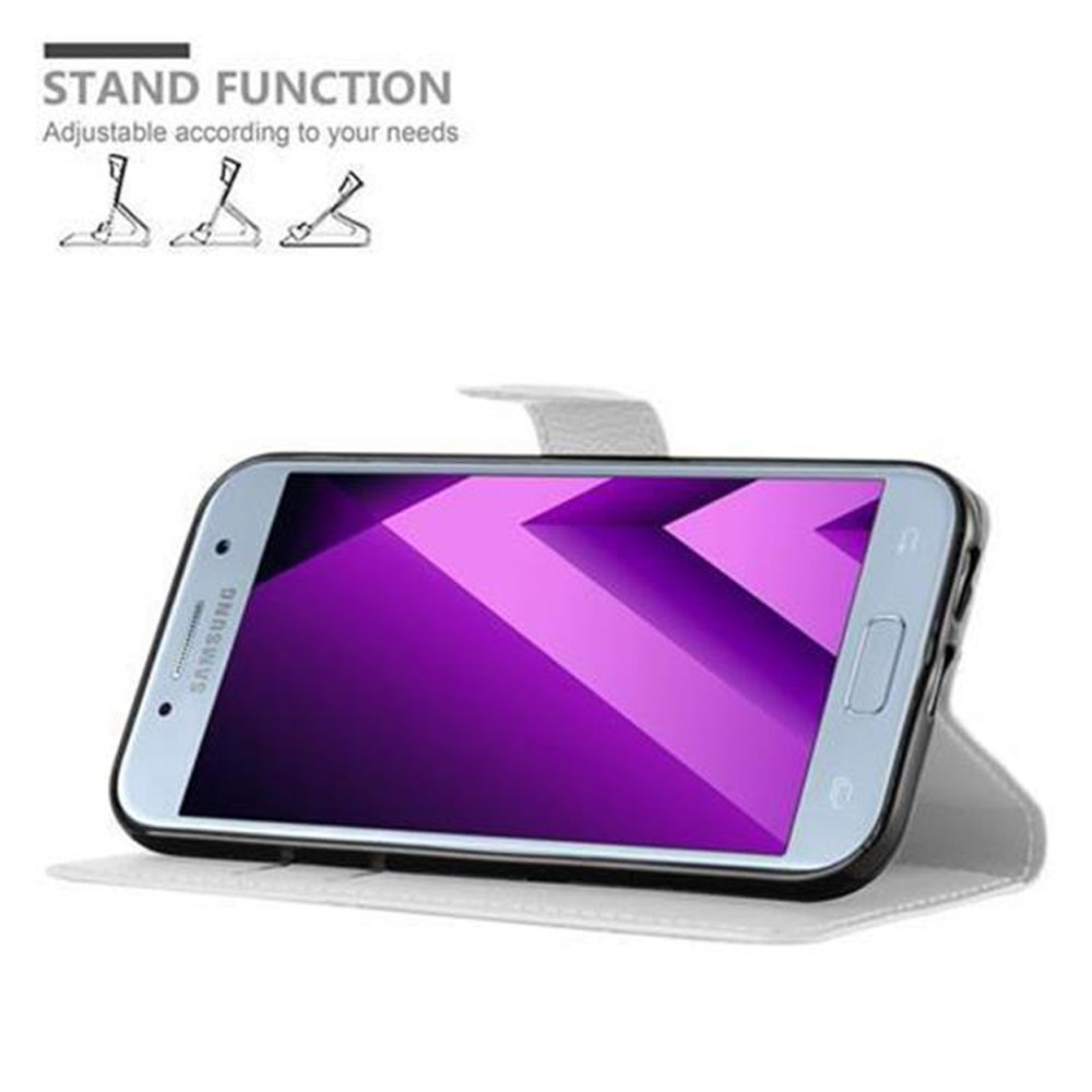 Ein Telefon in einem weißen Gehäuse wird hochgeklappt und zeigt einen lila Bildschirm mit einem Diagramm der Standfunktion darüber.