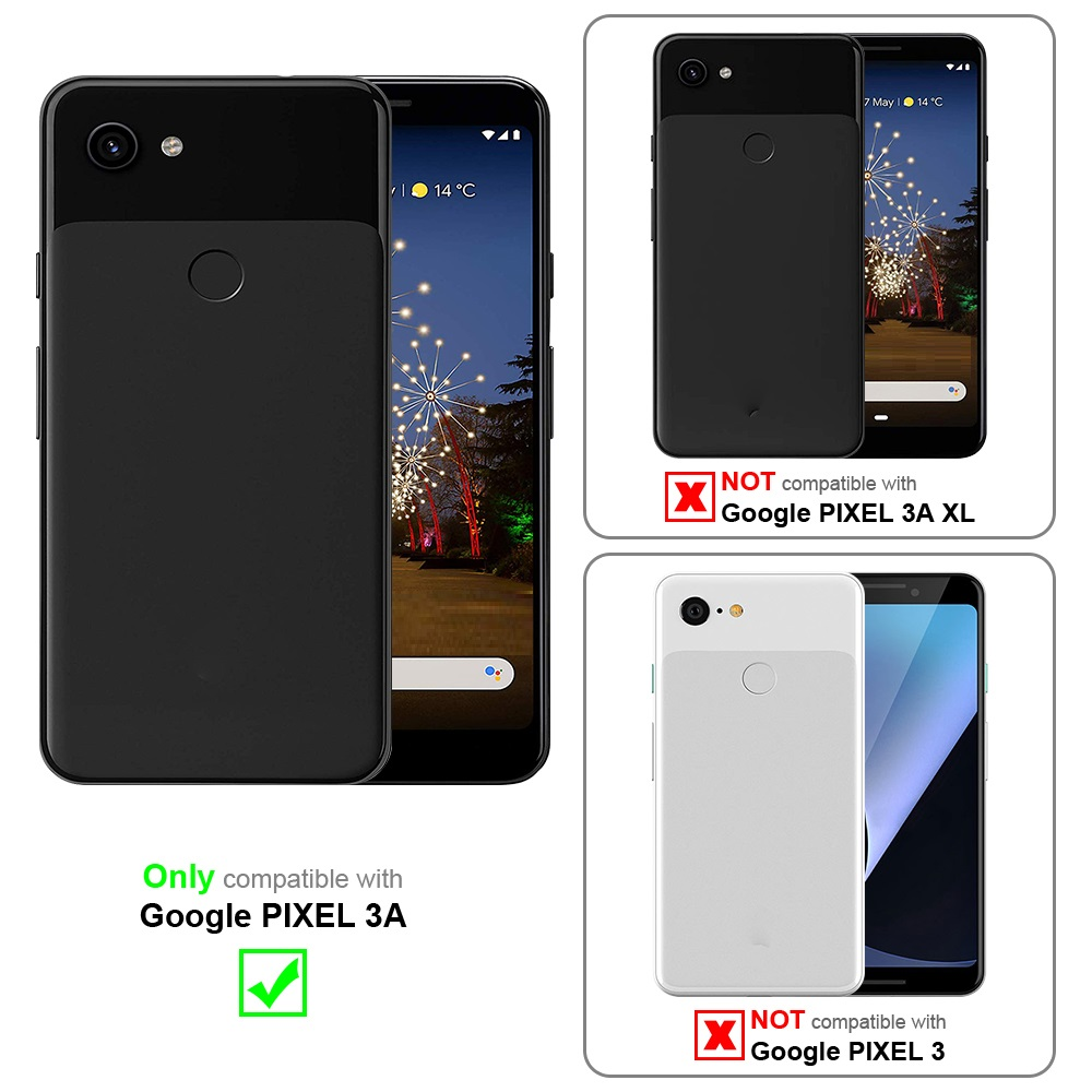 Handyhüllen mit Telefonen darin. Text zeigt Kompatibilität nur mit Google Pixel 3A. Andere Modelle sind nicht kompatibel.