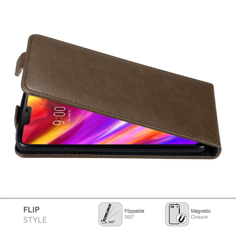Braunes Leder-Flip-Handy-Etui mit offenem Handy im Inneren. Enthält Symbole für Flip-Stil, klappbar und Magnetverschluss.