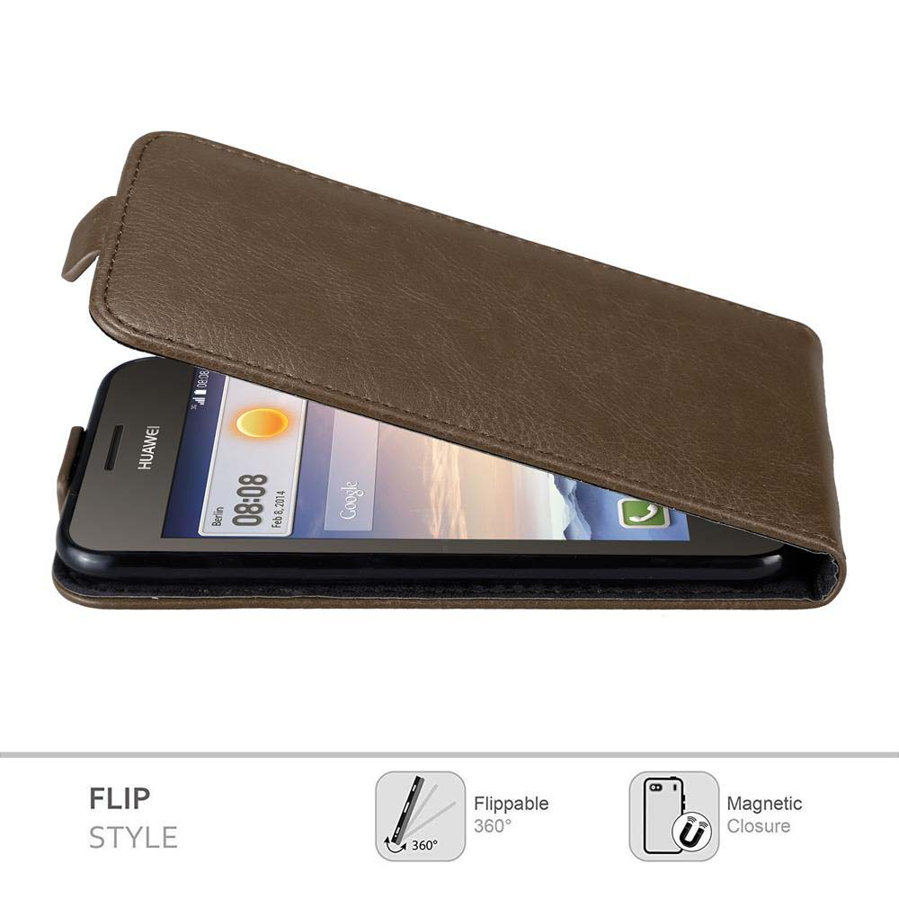 Custodia marrone aperta, rivela un telefono con schermata iniziale. Testo: 'FLIP STYLE'.