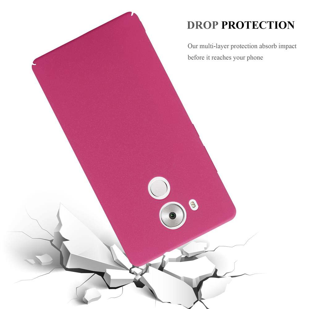 Eine pinke Handyhülle mit einem auf den Boden fallenden und zerbrechenden Telefon. Text: Drop Protection.