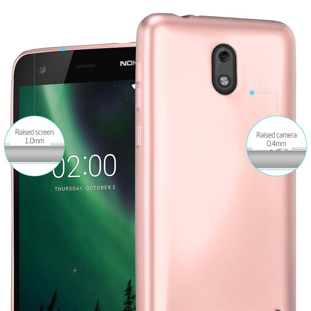 Eine rosa Handyhülle auf einem Telefon. Text: Erhöhter Bildschirm 1,0 mm, erhöhte Kamera 0,4 mm. Telefon: Nokia.