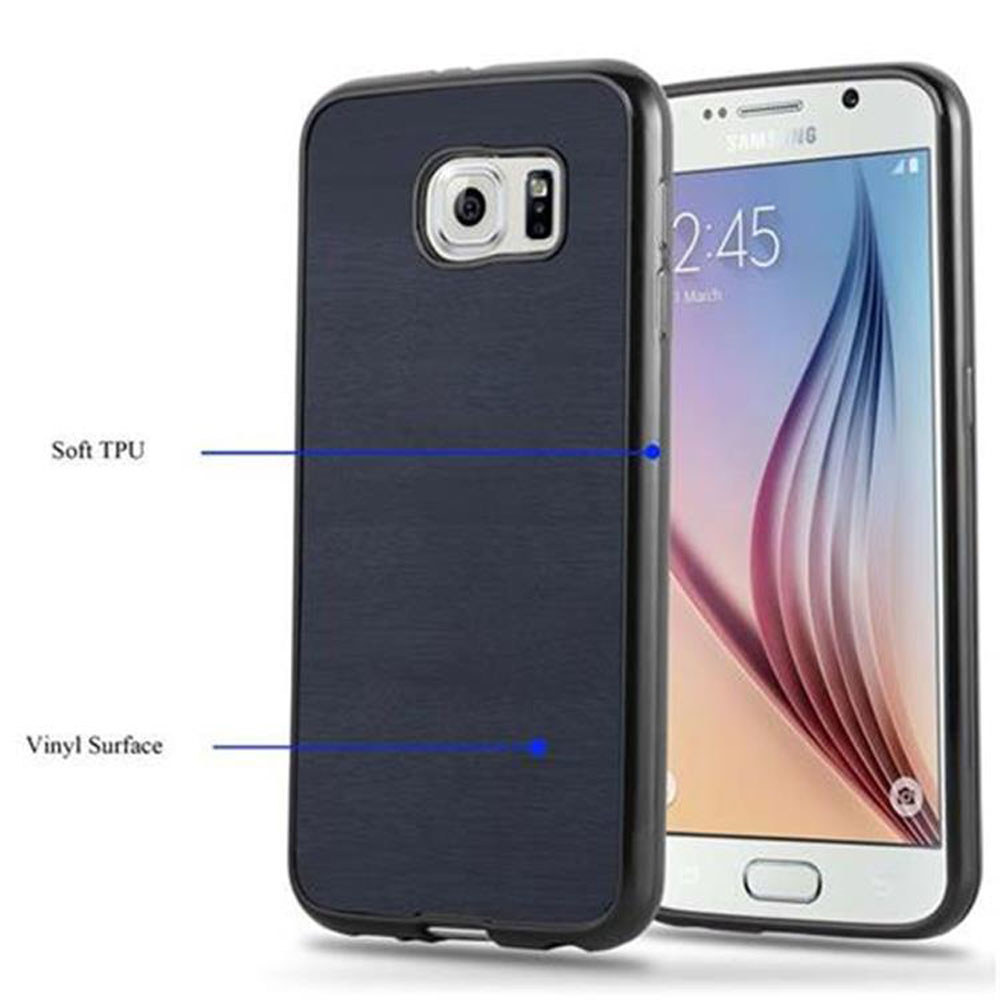 Ein Telefon mit einer marineblauen Hülle und einem silbernen Telefon. Text weist auf weiches TPU und Vinyl-Oberfläche hin.