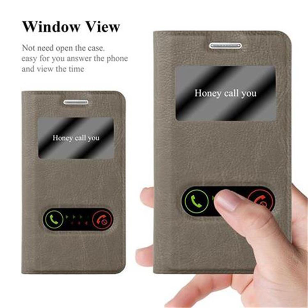 Una funda de teléfono con ventana. Una mano sostiene el teléfono, mostrando una llamada.