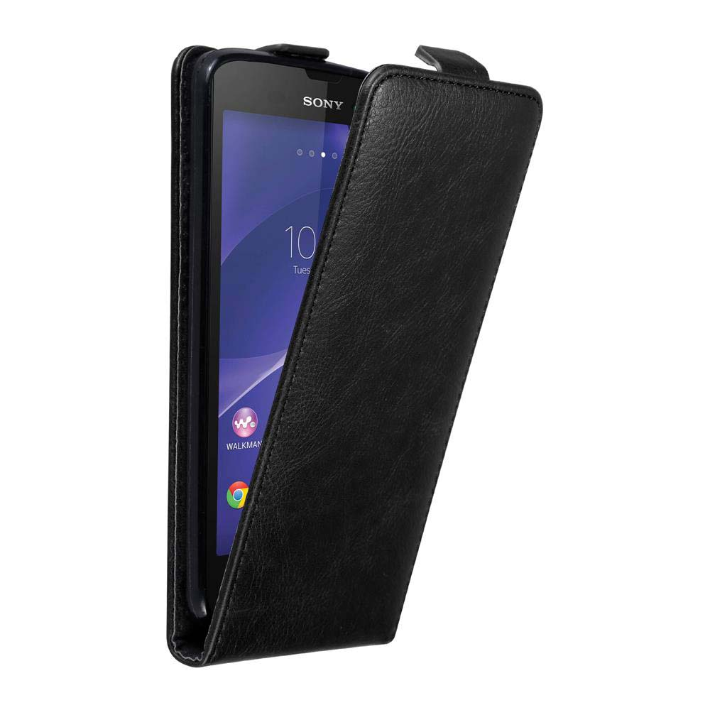 Funda negra para teléfono abierta, mostrando un teléfono. El teléfono muestra la hora y fecha, y un icono.