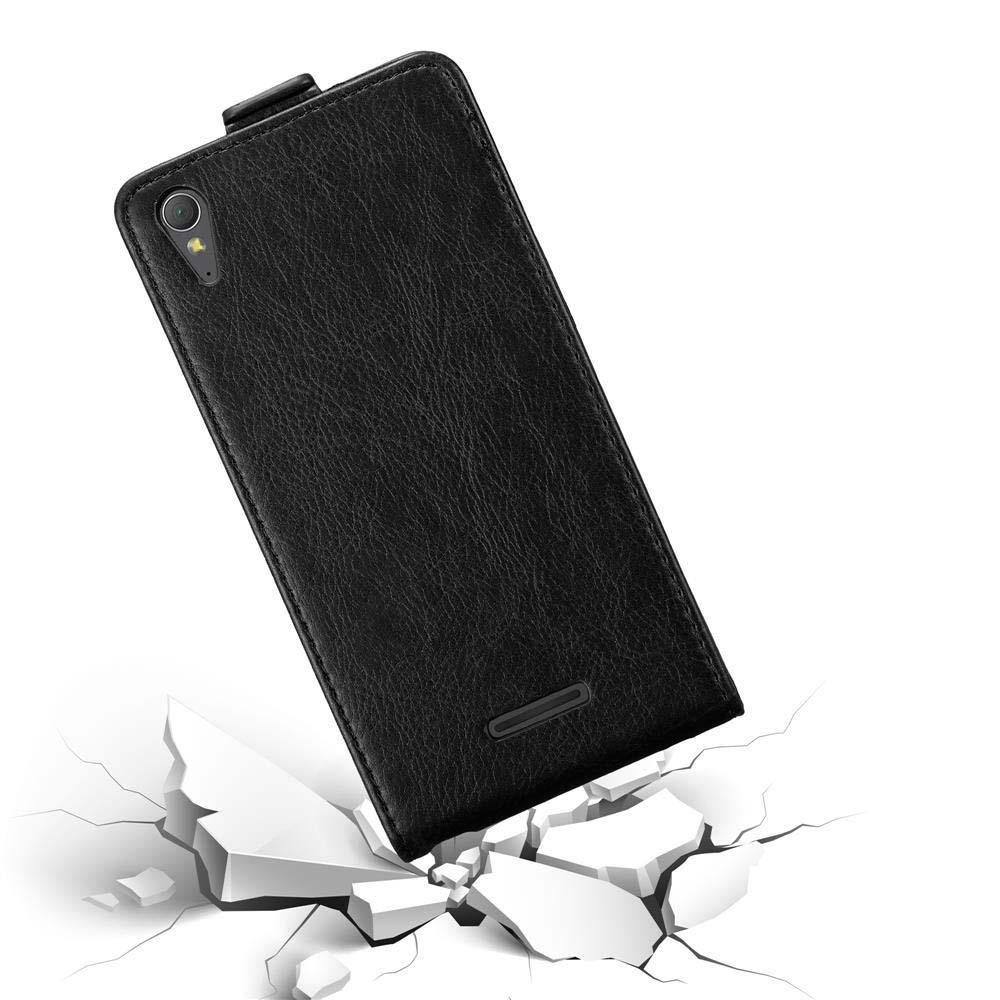 Funda de cuero negra, en ángulo, con grietas. Texto: Protección contra caídas.