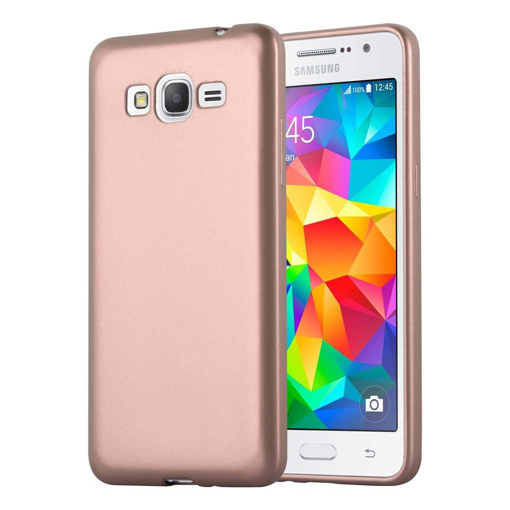 Un teléfono color oro rosa está en una funda a juego. La cámara y los botones del teléfono son visibles. Fondo blanco.