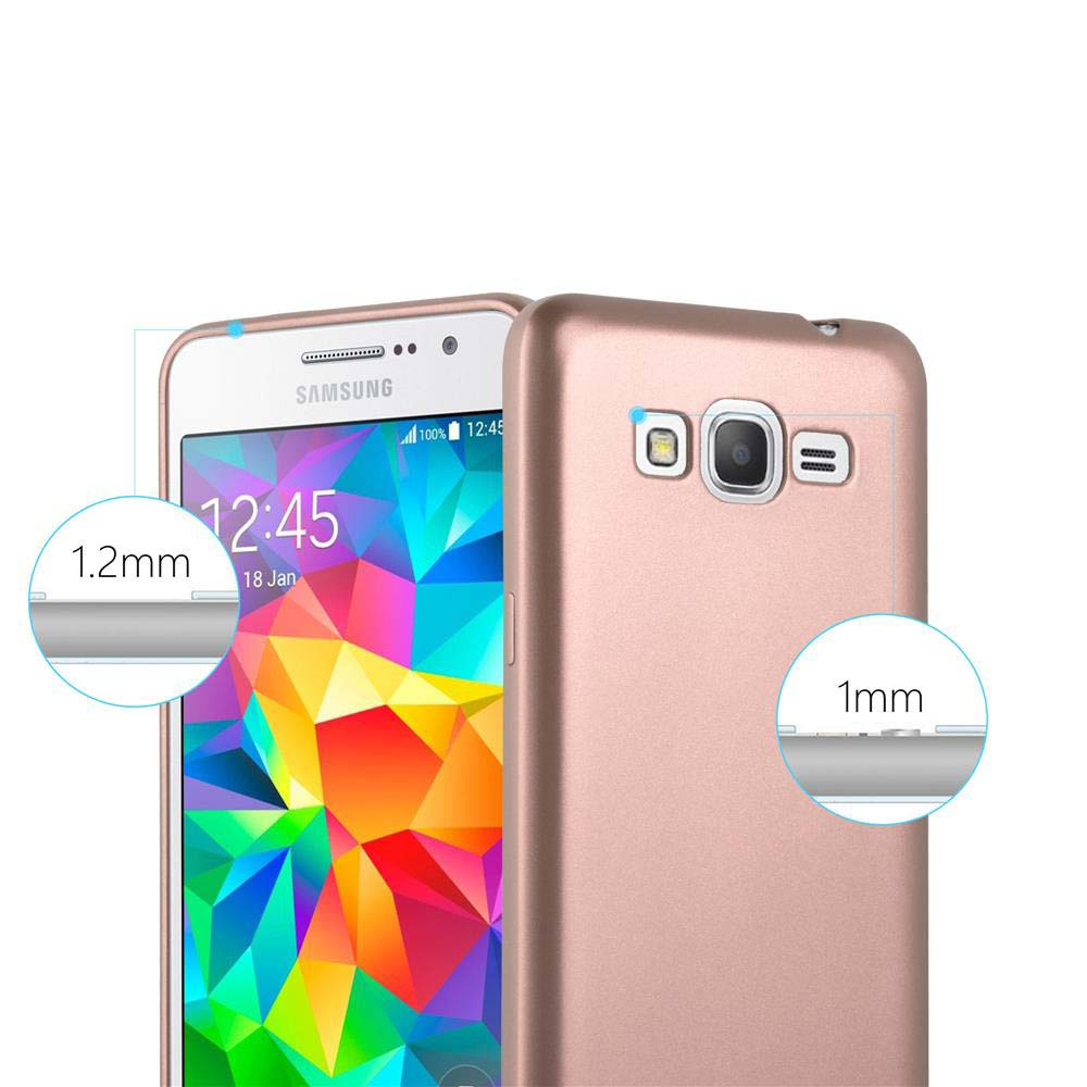 Funda rosa para teléfono con la pantalla encendida, mostrando la pantalla del teléfono y la parte trasera.