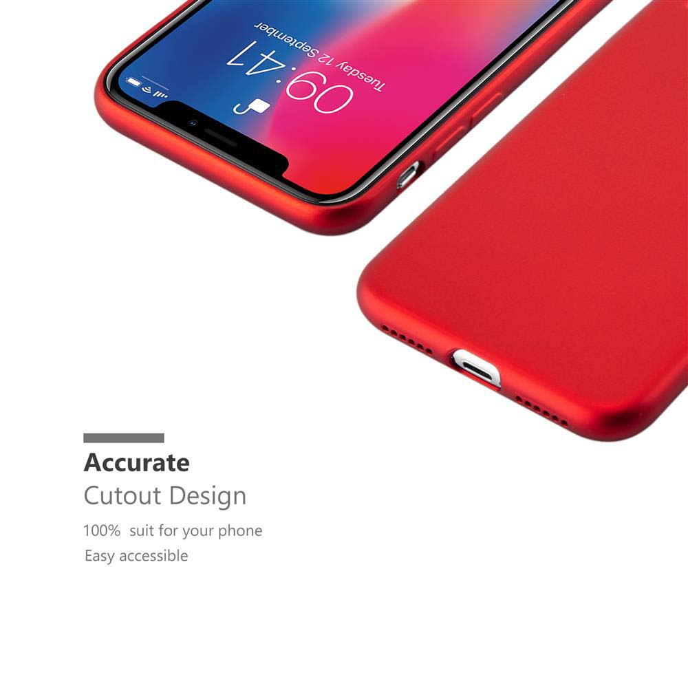 Rote Handyhülle, die ein Telefon teilweise bedeckt. Text: Präzises Ausschnittdesign.