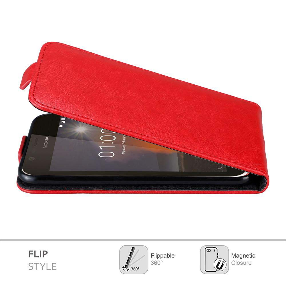 Custodia rossa per telefono, aperta, rivela un telefono nero con l'ora. Icone sotto.