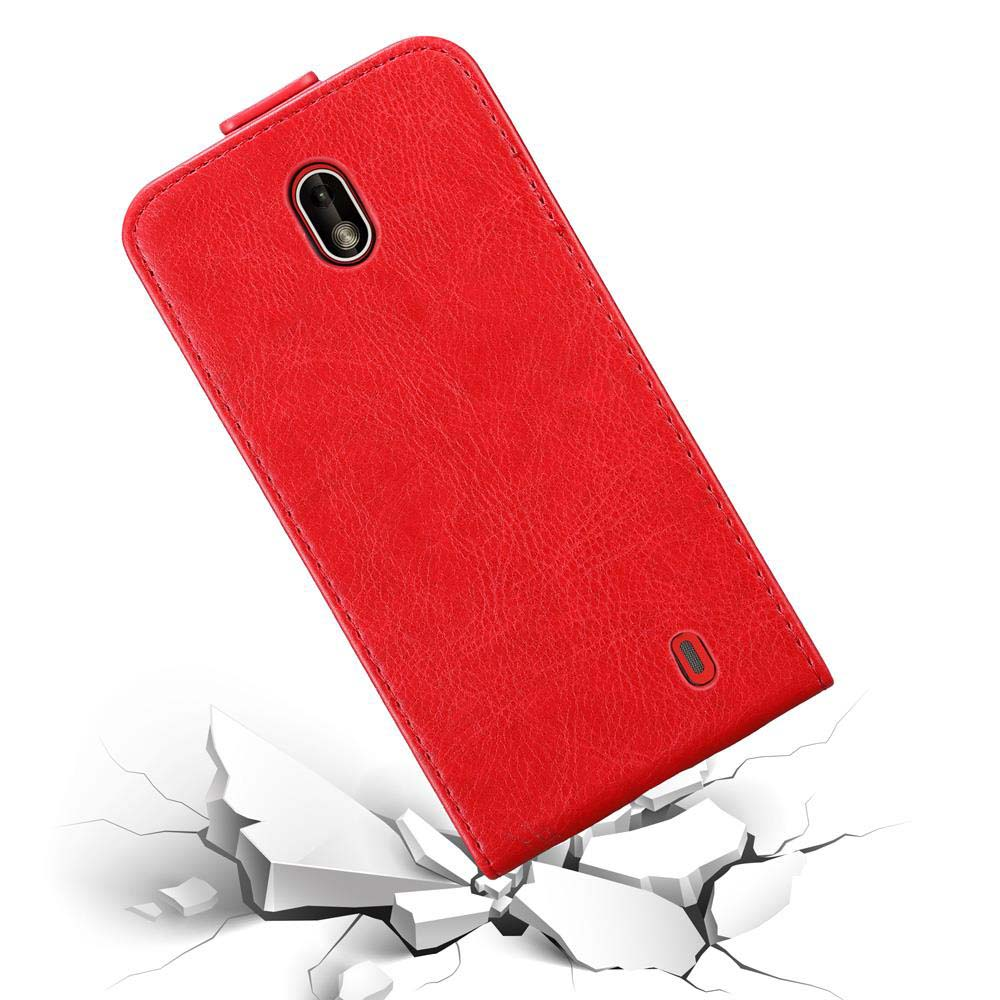 Custodia rossa con telefono all'interno, che spacca una superficie. Mostrando la fotocamera del telefono.