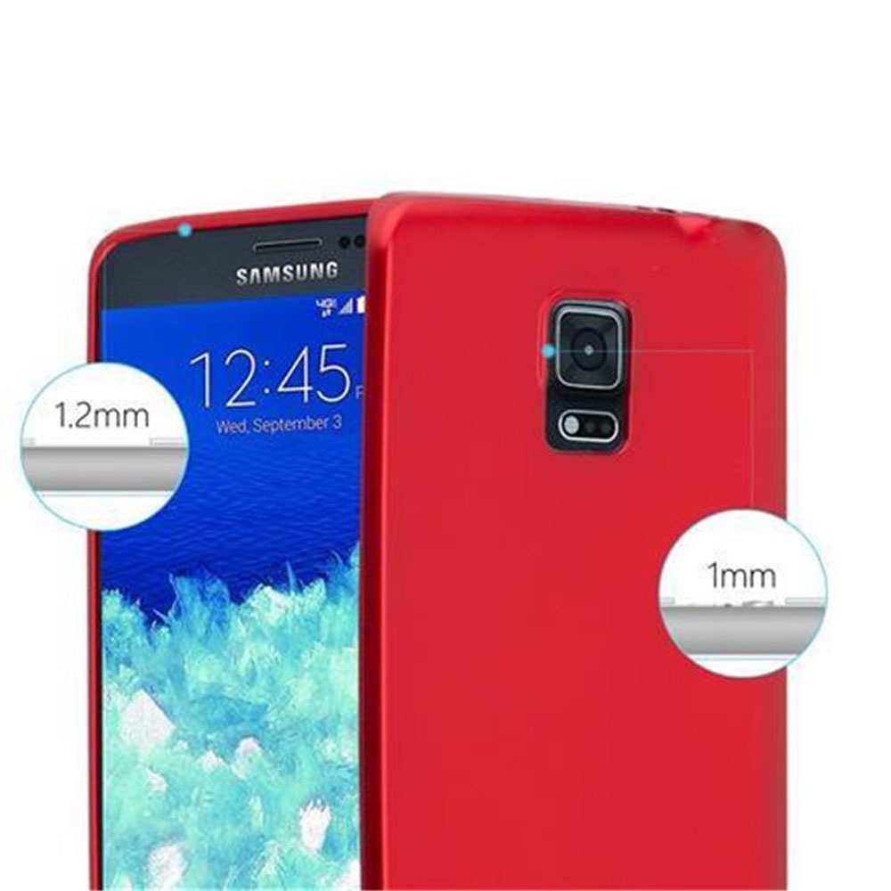 Eine rote Handyhülle mit Telefon darin. Kreise zeigen die Dicke des Telefons und einen Ausschnitt.