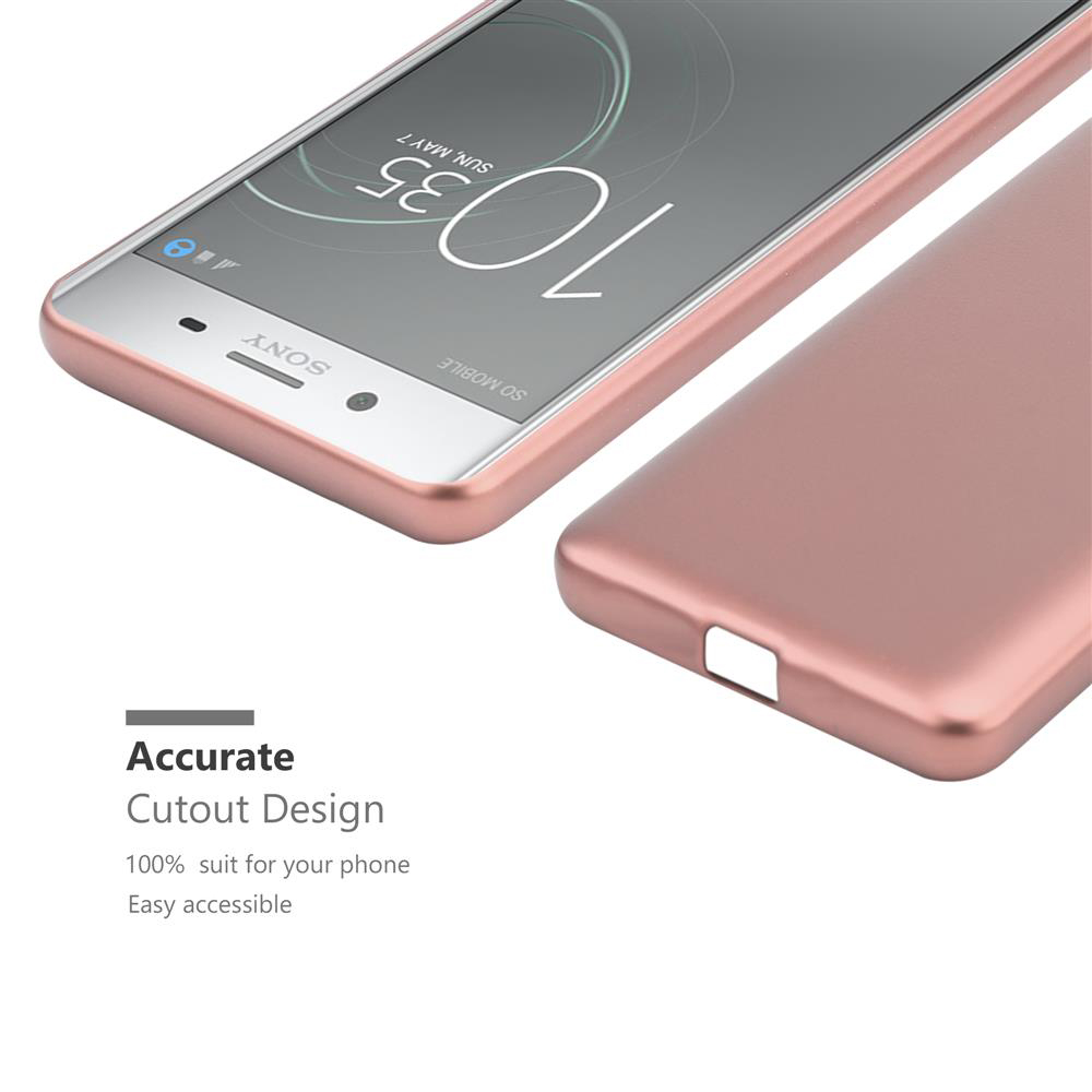 Telefono e custodia oro rosa. Il telefono mostra l'ora. I dettagli della custodia sono mostrati nell'immagine.