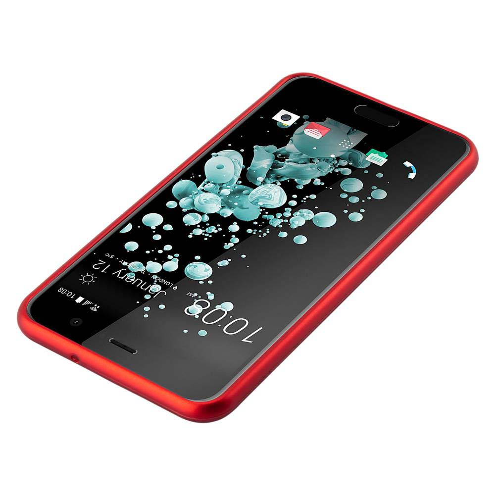 Un telefono rosso con una custodia rossa è mostrato su sfondo bianco. Lo schermo mostra l'ora.