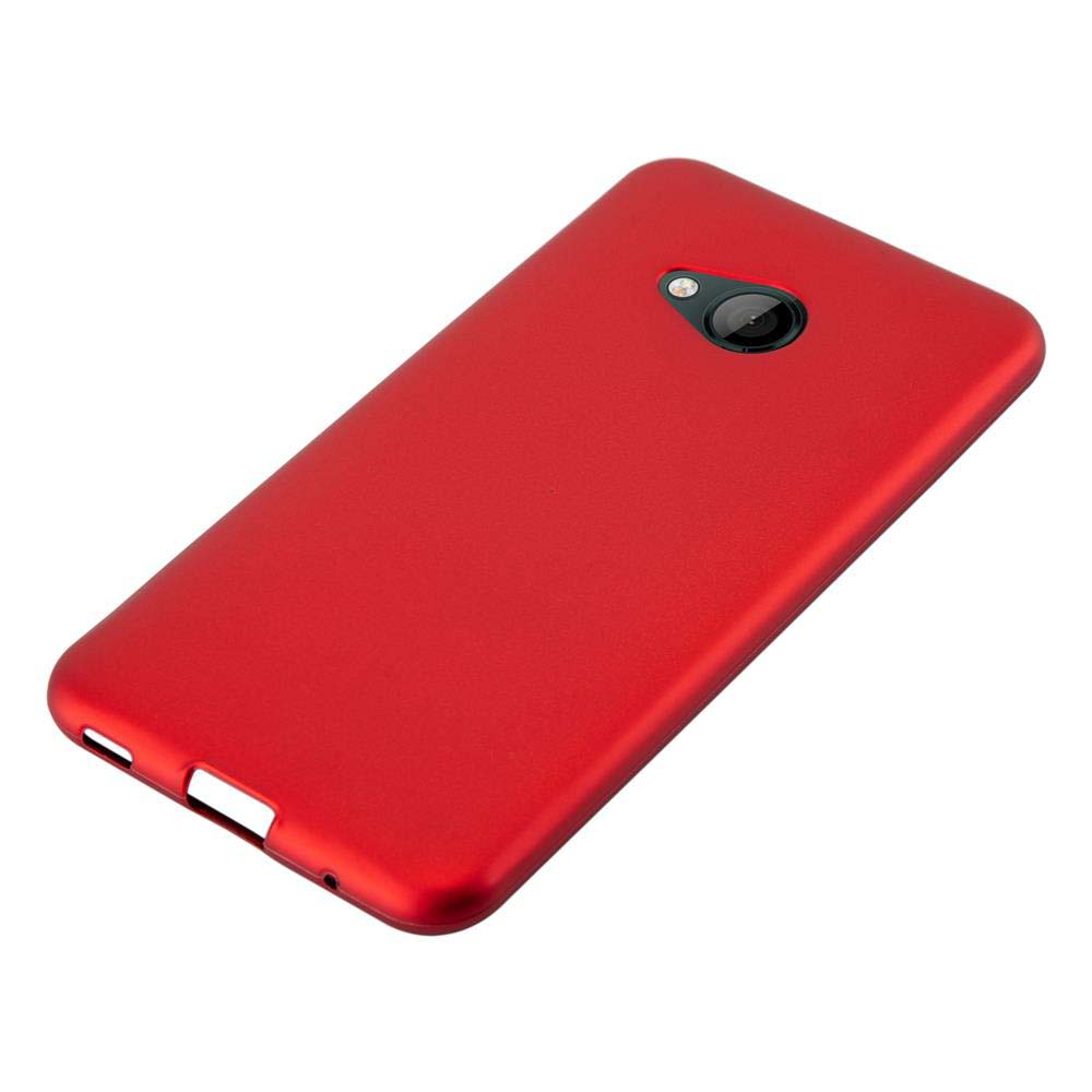 Custodia per telefono rossa. La custodia ha un'apertura per la fotocamera ed è angolata. La custodia è semplice.