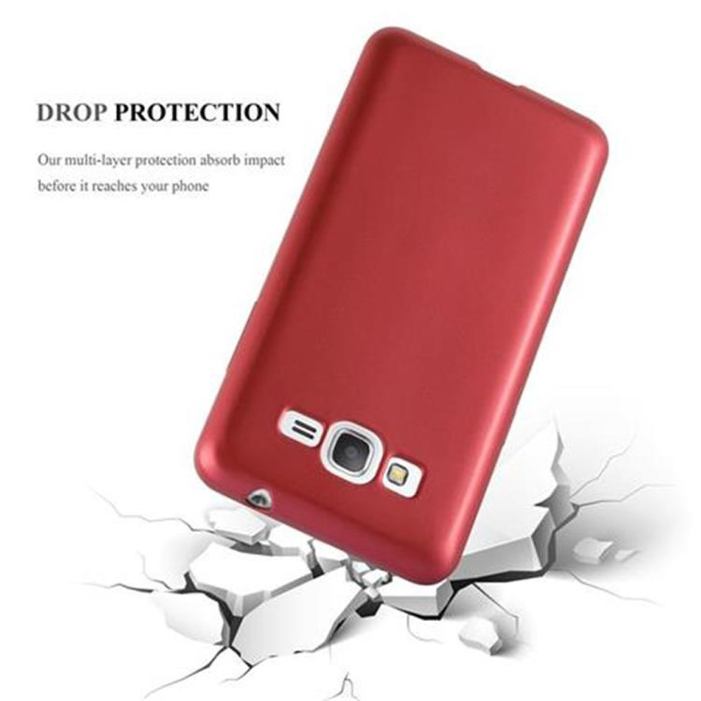 Funda roja con gráfico de teléfono, sobre fondo blanco con grietas.