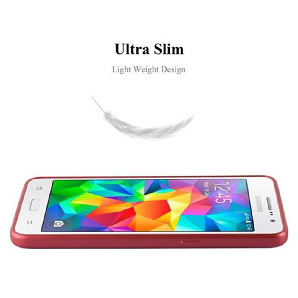 Un teléfono rojo en una funda roja, plano. Una pluma blanca flota encima.
