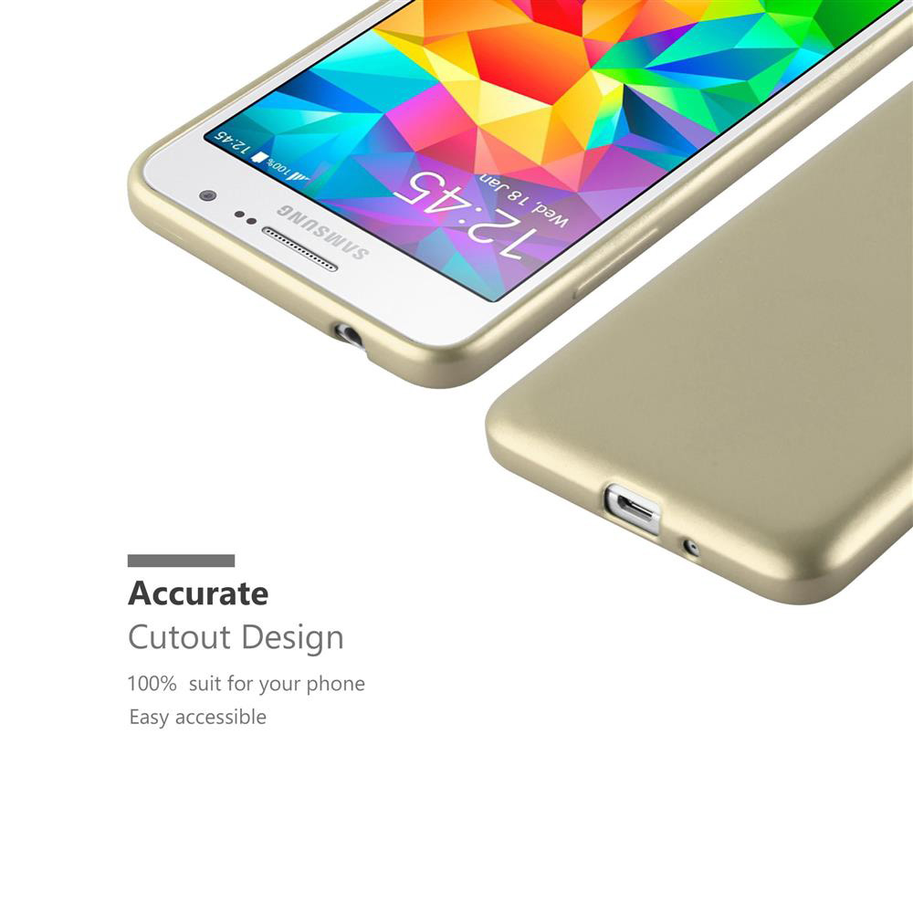 Un teléfono y funda dorados. Texto: Diseño de corte preciso. 100% adecuado para tu teléfono. Fácil acceso.