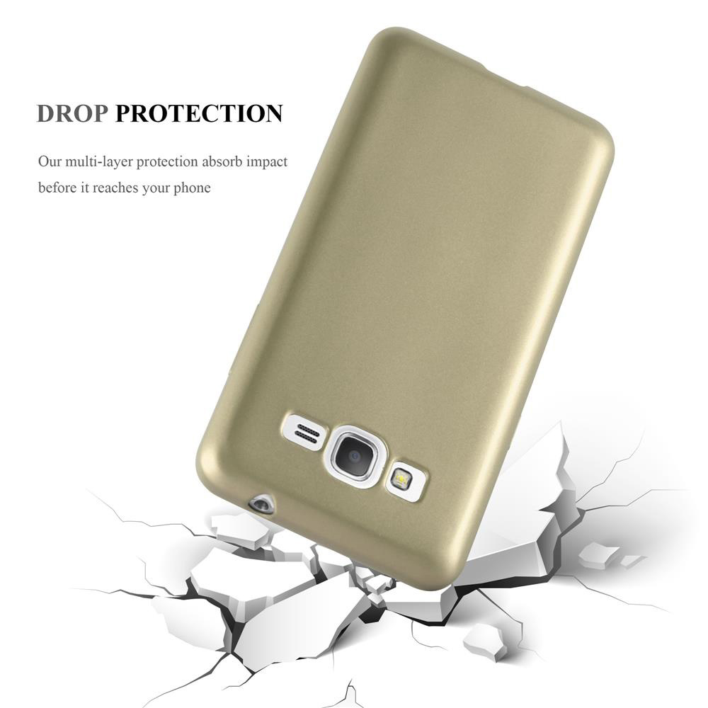 Funda dorada para teléfono cayendo, rompiendo un bloque blanco. Texto: Protección contra caídas.